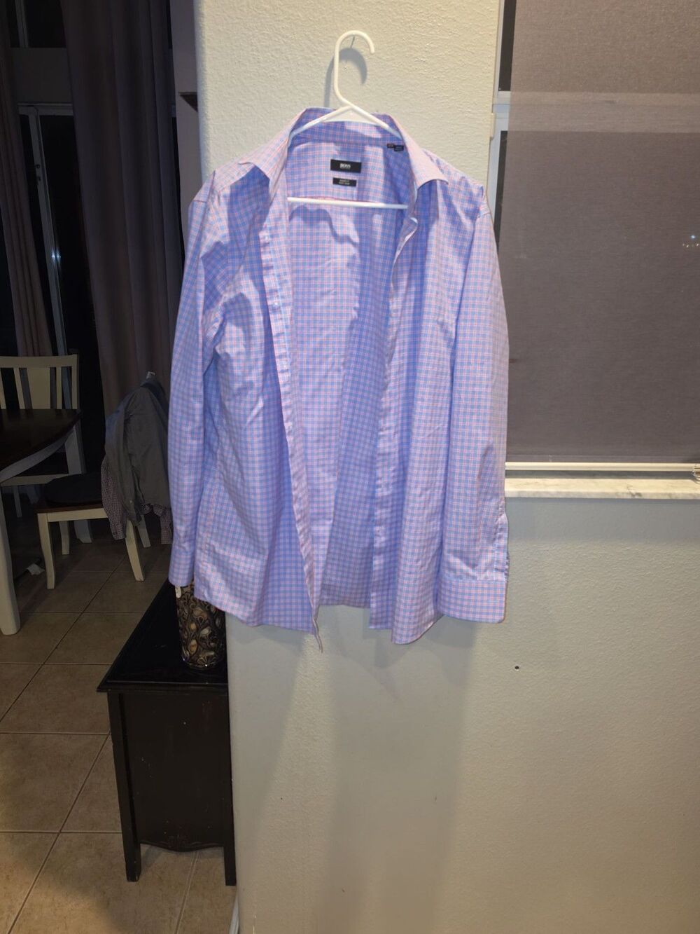 HUGO BOSS Men's Sharp Fit Easy Iron Gingham Dress Shirt Blue Pink Check